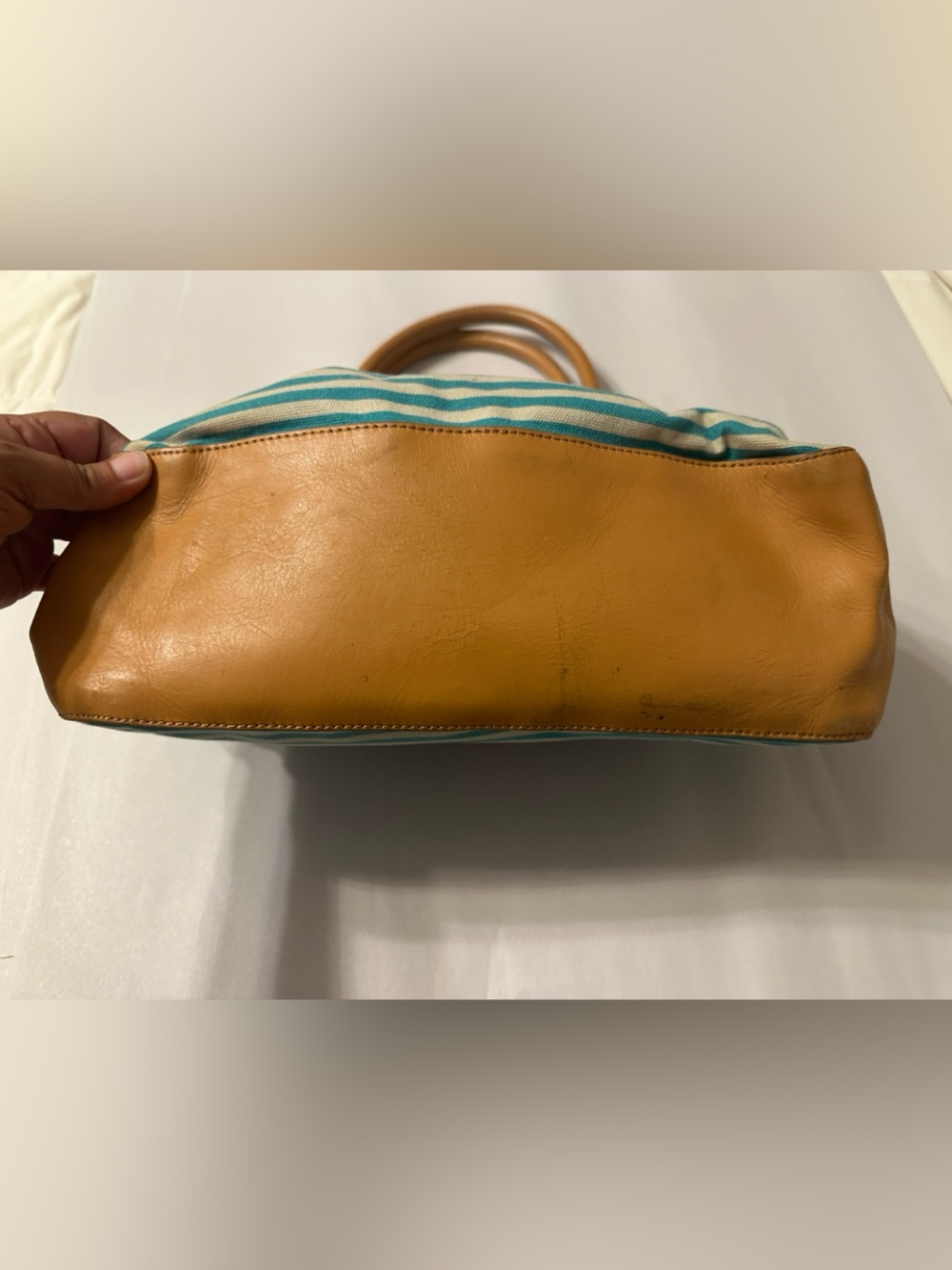 Tory Burch Teal and Cream Striped Canvas Small Sophia Tote with Tan Leather Trim - Picture 5 of 16